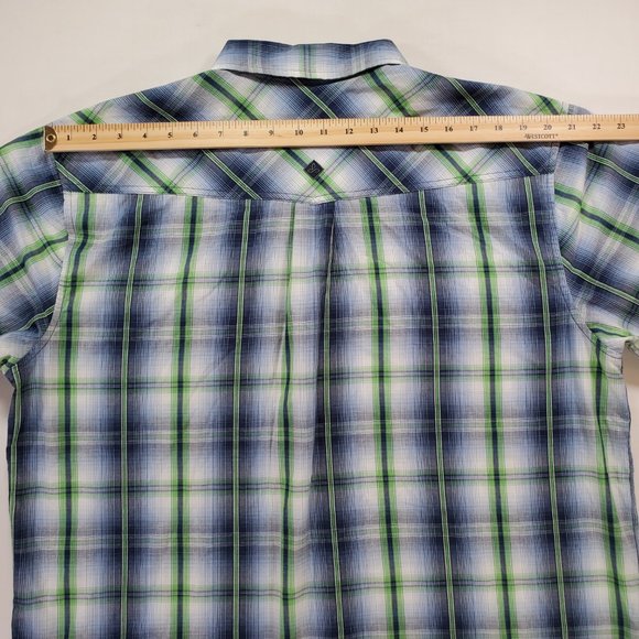 Prana Shirt Men XL Blue Green Madras Plaid Silver Snap Casual Button Up Western - Picture 12 of 15